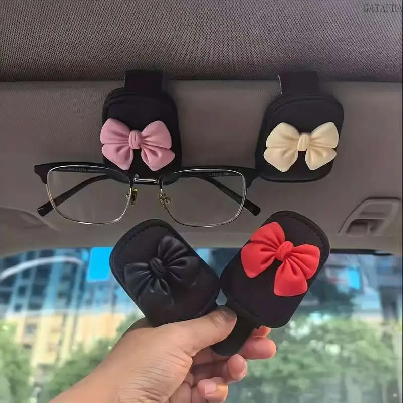 Minimalist Bow PU Leather Car Sunglasses Clip, Magnetic Sun Visor Glasses Storage Holder for Car Interior