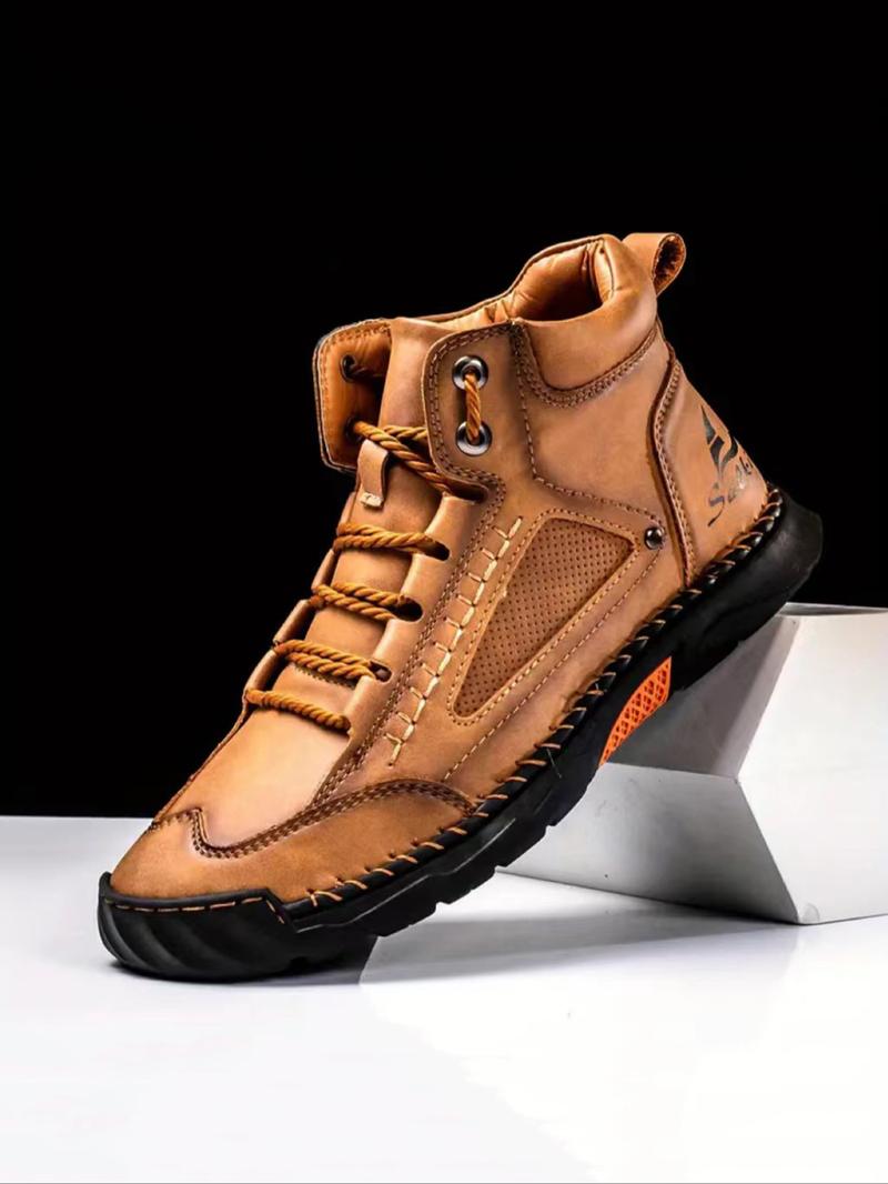 Men's Fashionable Patchwork Design Lace Up Ankle Boots, Casual Comfortable Breathable Non-slip Boots for Outdoor Activities, Durable PU Leather Shoes for Fall & Winter Men's Fashionable Patchwork Design Lace Up Ankle Boots, Casual Comfortable Breathable Non-slip Boots for Outdoor Activities, Durable PU Leather Shoes for Fall & Winter