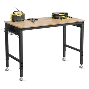 Workbench 48 x 24 Inch with 6-Level Adjustable Height, Solid Rubberwood Top, 2000 LBS Heavy Duty Steel Frame Work Table, ETL Power Outlets, Pegboard with Hooks and 4 Leveling Feet, Ergonomic Workstation for Garage, Woodworking Shop and DIY Projects