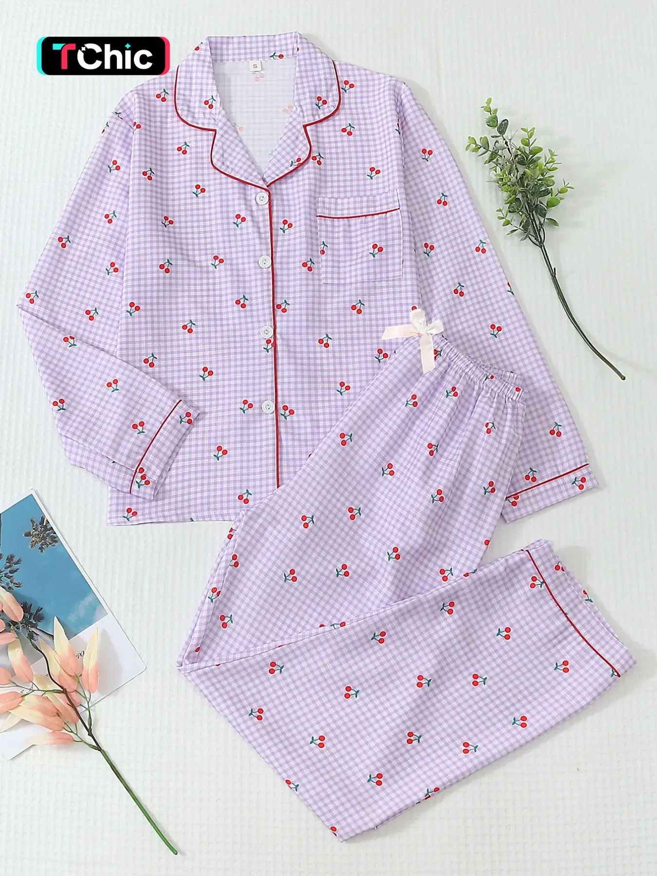 Women's Plaid Cherry Print Long Sleeve Pajama Set, Sweet Cute Button Collar Top and Pants, Casual Home Wear Sleepwear