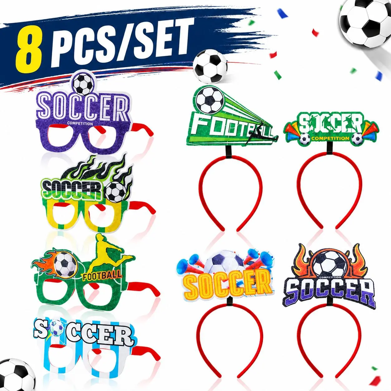 8Pcs Soccer Fan Party Accessory Kit | Funny Novelty Glasses + Team Headbands Game Day Watch Party Decor & Photo Booth Props, Sports Match Fan Costume Supplies For Soccer Viewing Parties，Fan Outfit Costume Kit For Match Day & Sports Themed Parties