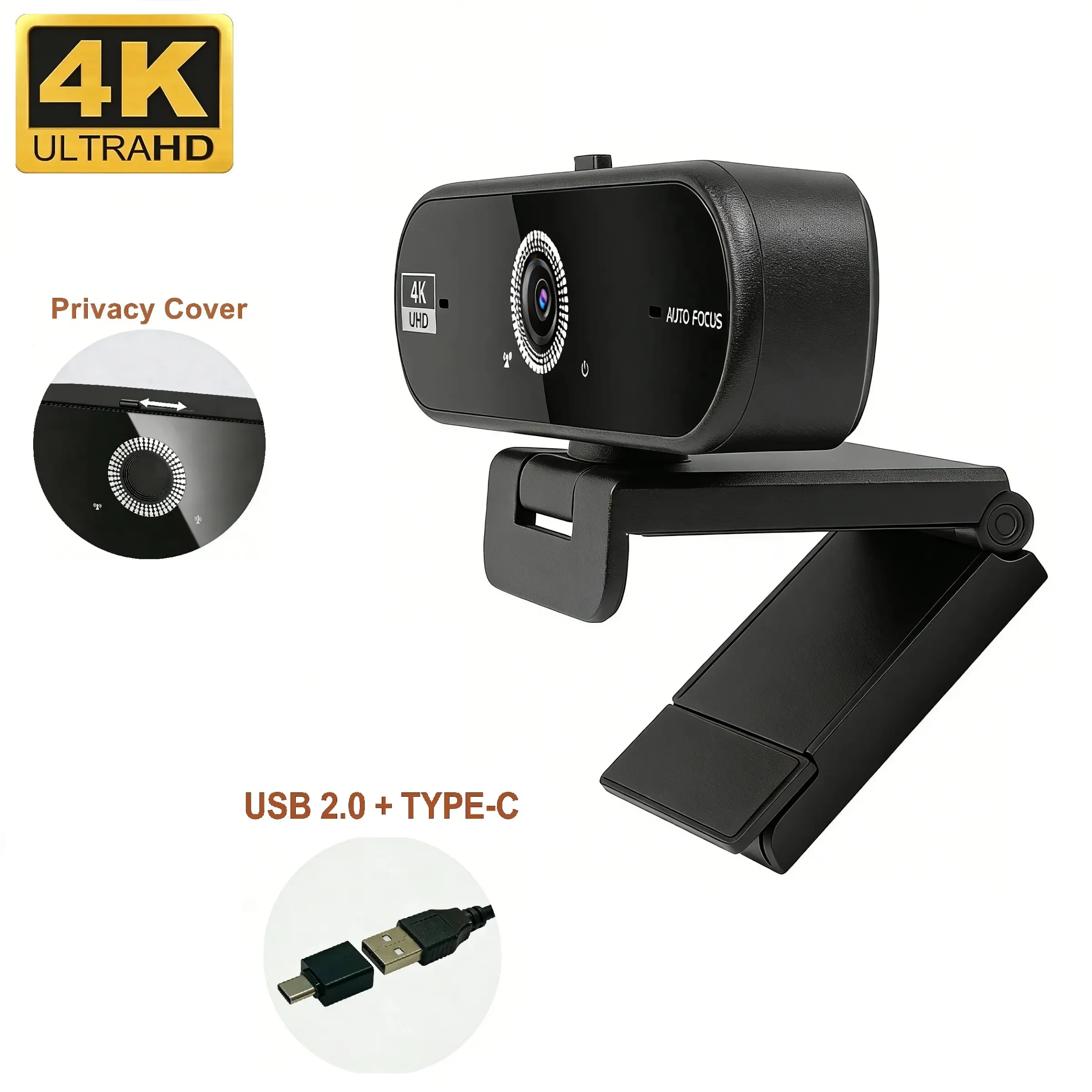 4K Webcam with Auto Focus, Dual Noise-Canceling Mics & Privacy Cover – HDR Low-Light Correction, Wide-Angle USB Computer Camera for PC/Mac/Laptop, Streaming, Gaming, Video Conferencing on Zoom/Skype/Teams, Plug & Play
