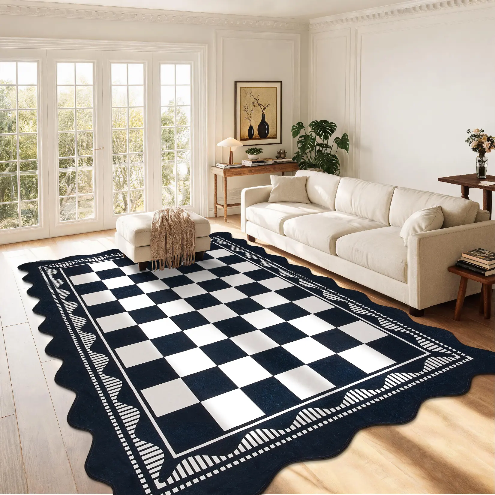 Fan-shaped Checkered Rug Washable Area Rug Soft Non-slip Ultra-thin and Non-shedding for Children's Rooms Playrooms Bedrooms and Dining Rooms
