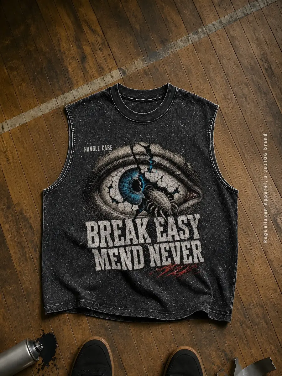 Blue Eye and Cracked Lettering Graphic, Heavyweight Washed Alternative Streetwear Tank Top