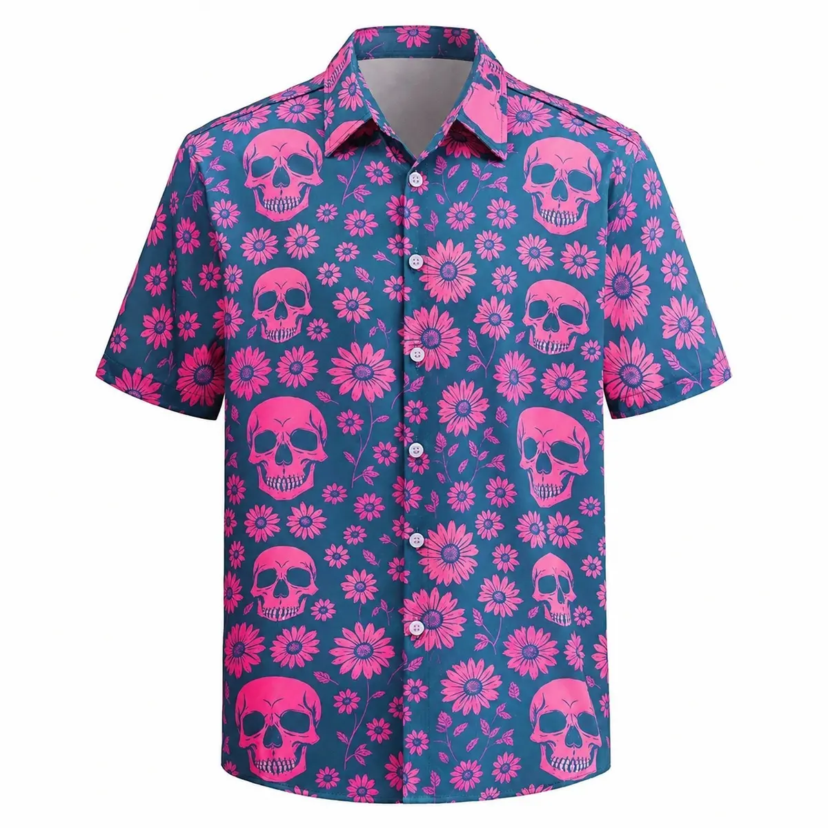 Men's Short-Sleeve Collared Button-Down Shirt - Polyester Blend, Teal Pink Skull Daisy Floral Tropical Top, Button Closure, for Summer Beach Vacation, Streetwear, Father's Day Gift