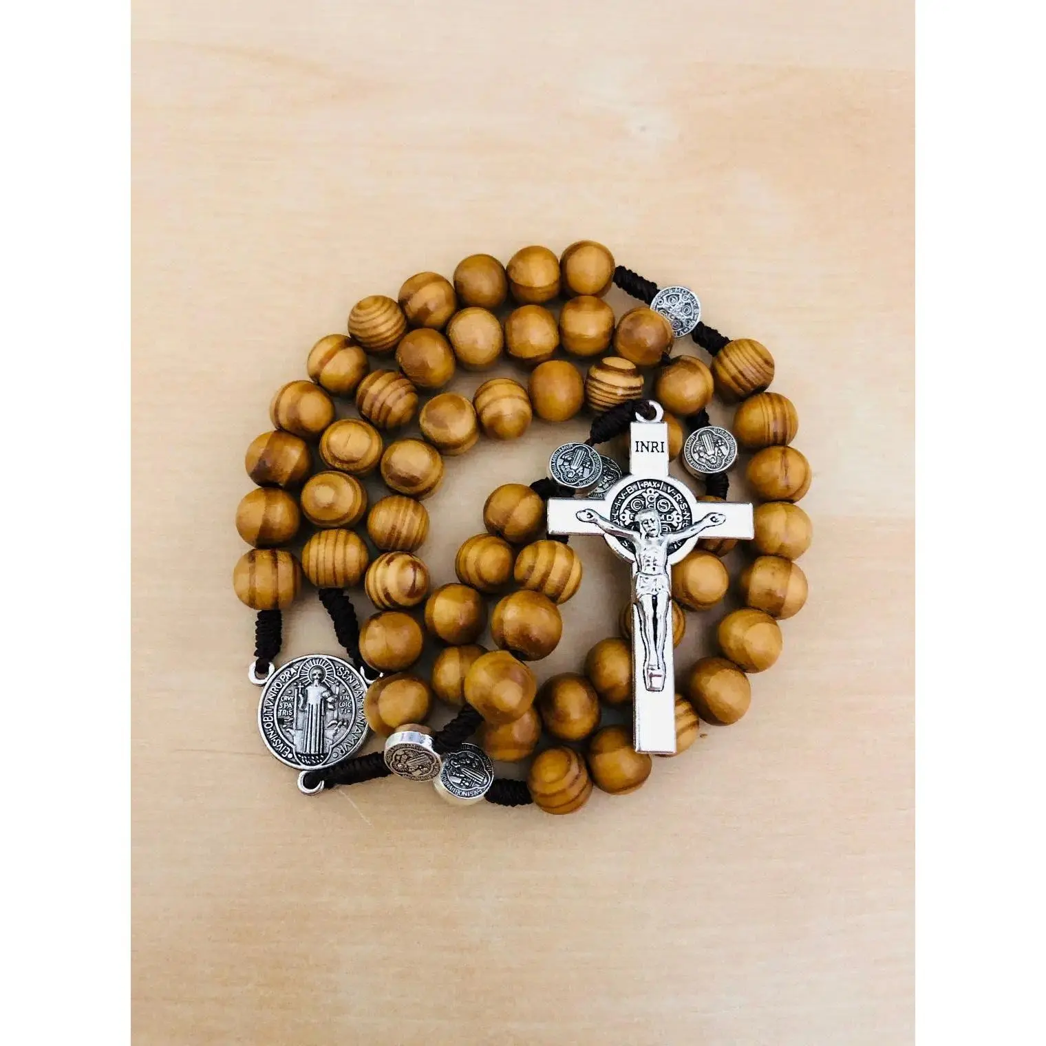 Handmade Catholic Rosary from the Holy Land with 10mm Olive Wooden Beads, Small Saint Benedict Medals and Silver-Plated Crucifix, 18 in