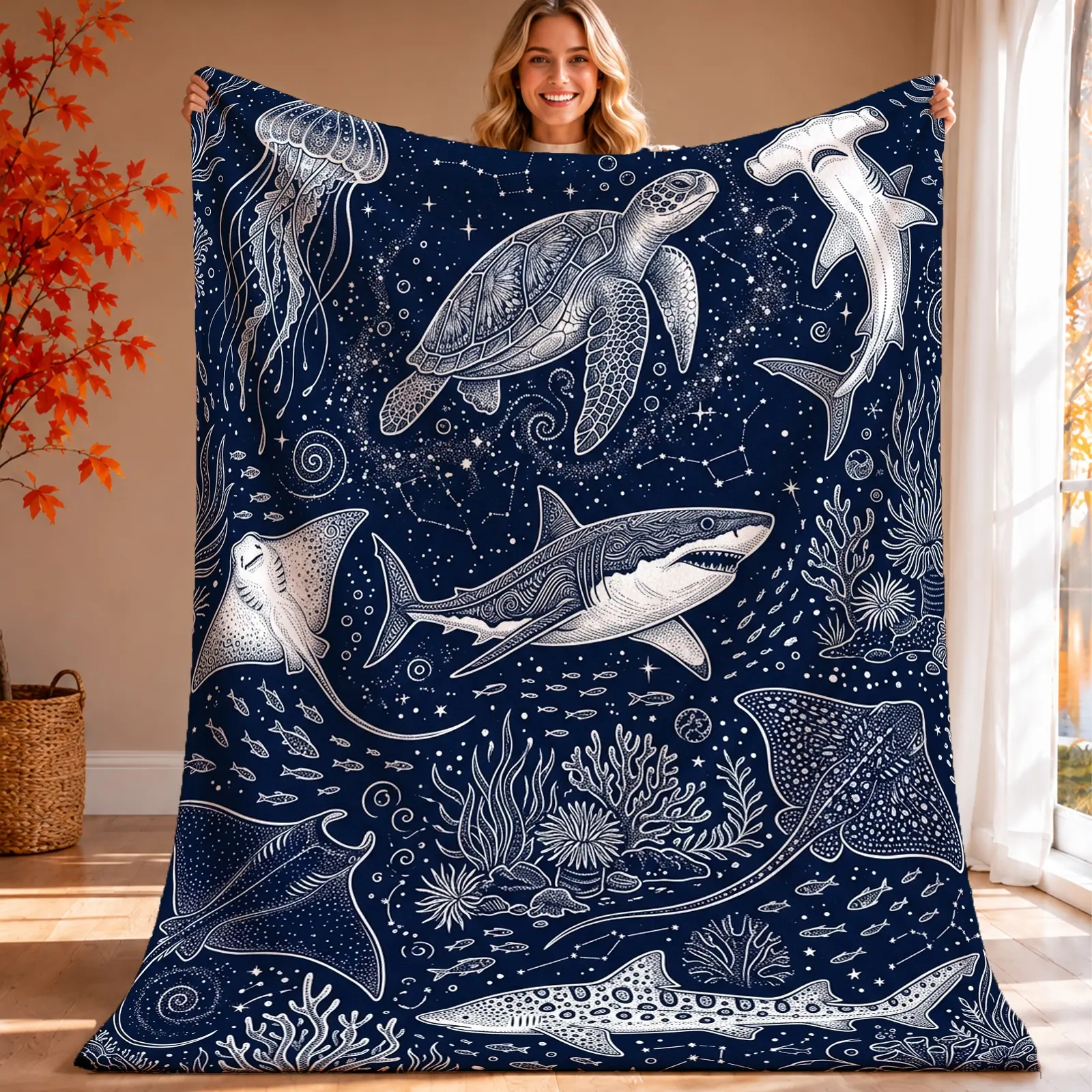 1pc Ocean Marine Life Blanket, Nautical Chic Style, Intricate Sea Creatures Artwork with Detailed Coral and Starry Background, for Living Room Bedroom Coastal Decor and Sea Lover Gift