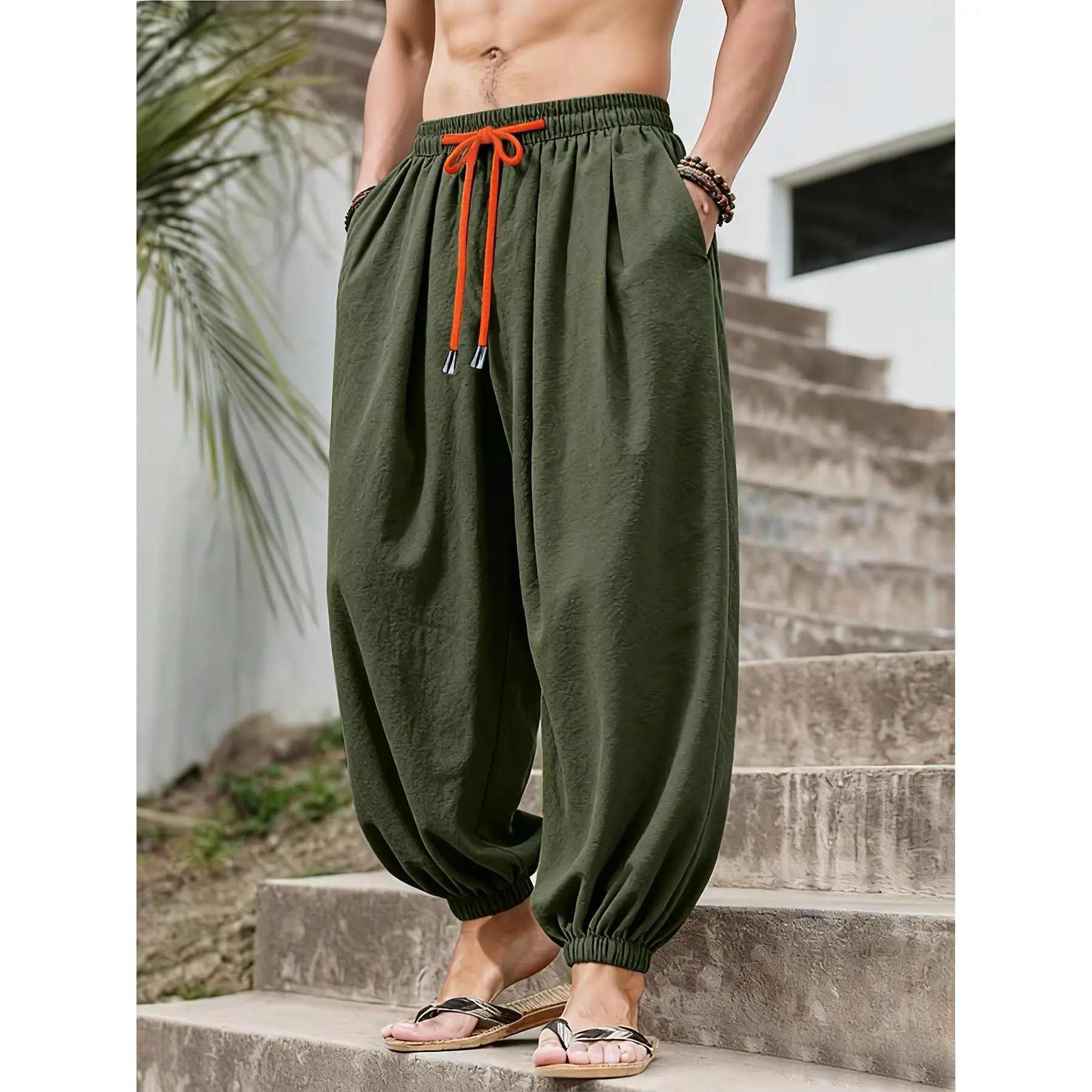 Men's Loose-Fitting Outdoor Pants - Elastic Waist, Non-Stretch Casual Lantern-Leg, Lightweight Quick-Drying Durable Polyester, Breathable for Daily Wear & Outdoor Activities, Beige Menswear, Multi-Size