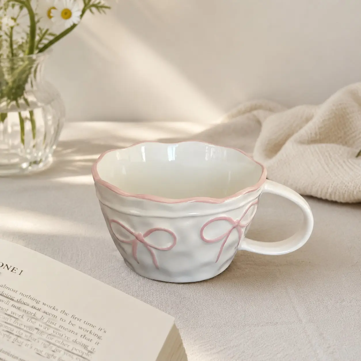 Valentine's Day Romantic Ceramic Mug with Cute Pink Bow Tie, Large Capacity Coffee Cup & Tea Mug for Couples