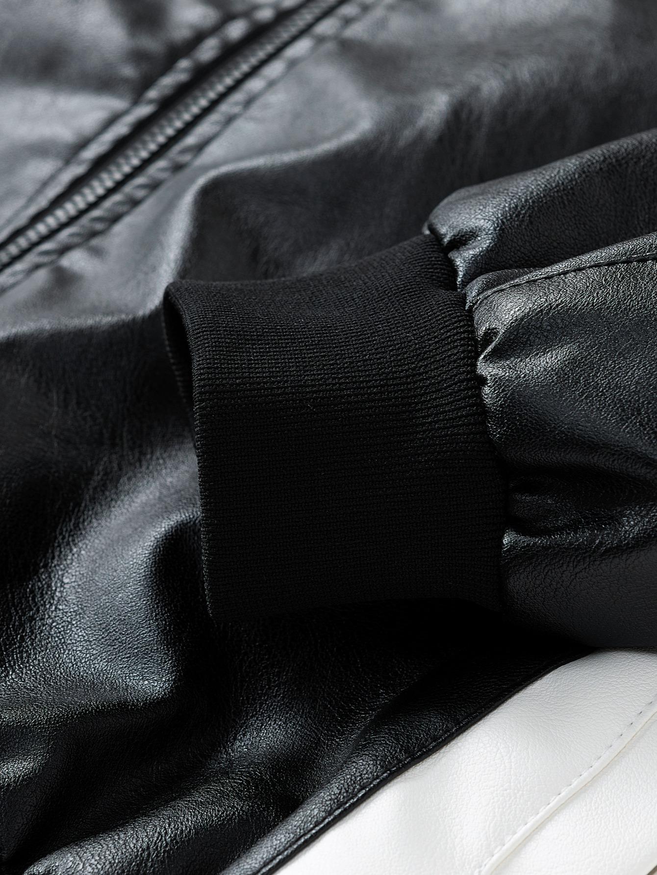 Men's winter new trendy color-blocked stand-up collar motorcycle jacket, PU leather racing suit, stylish oversized lapel coat SpringStatements