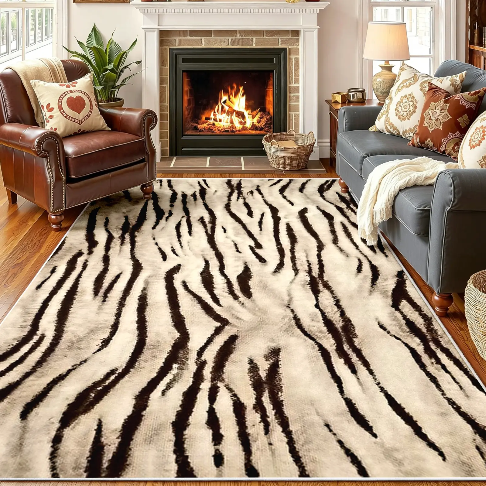 8x10ft Tiger Stripe Area Rug, Modern Safari Animal Pattern Non-Slip Machine Washable Faux Cashmere Carpet, Soft Low Pile Mat for Living Room Bedroom Home Office, Aesthetic Alfombras para Sala