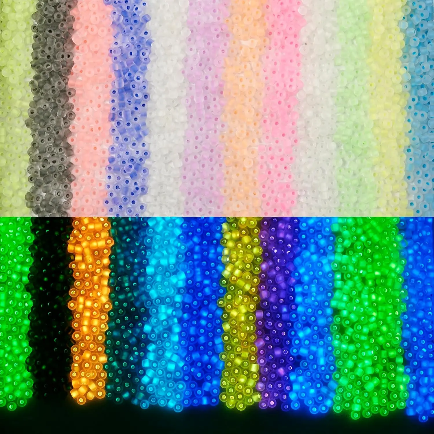 1800 count 4mm Luminous Glass Seed Beads, 6/0 Frosted Matte Round Seed Beads Mix Glow in The Dark Beads Pastel Glowing  Mini Solar Beads for DIY Bracelet Necklace  Making Crafts