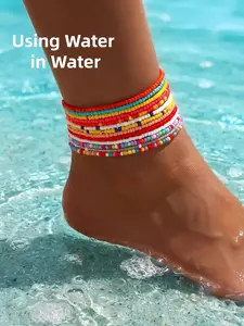 13Pc Colorful Seed Bead Layered Anklets Set, Trendy Jewelry, Fashionable Accessory, Boho Beach Rainbow Ankle Bracelets Detachable design, rainbow colors, Perfect for beach, music festivals, parties, daily wear, Handmade beaded craft