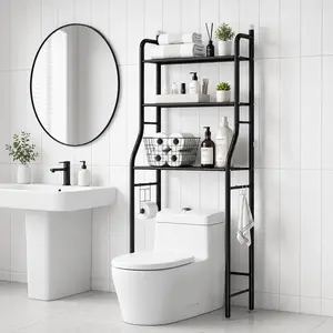 3-Tier Over the Toilet Storage Rack, Black Metal Bathroom Shelf Space Saver, Over Toilet Bathroom Organizer with Hanging Rod for Restroom, Laundry Room & Balcony,stackable