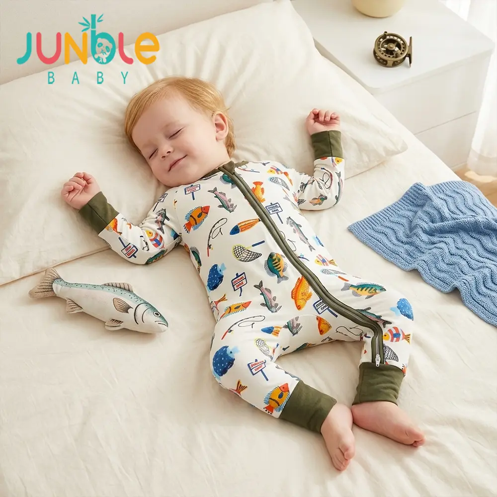 Junblebaby Bamboo Fiber  Baby Onesie, baby bamboo zipper romper,baby clothes,Summer marine animals and fishing outfit p print attern,baby Long Sleeve   mitten cuff foot  Romper with Two-Way Zipper, Breathable Daily Loungewear for Newborn baby0-3 Years Old