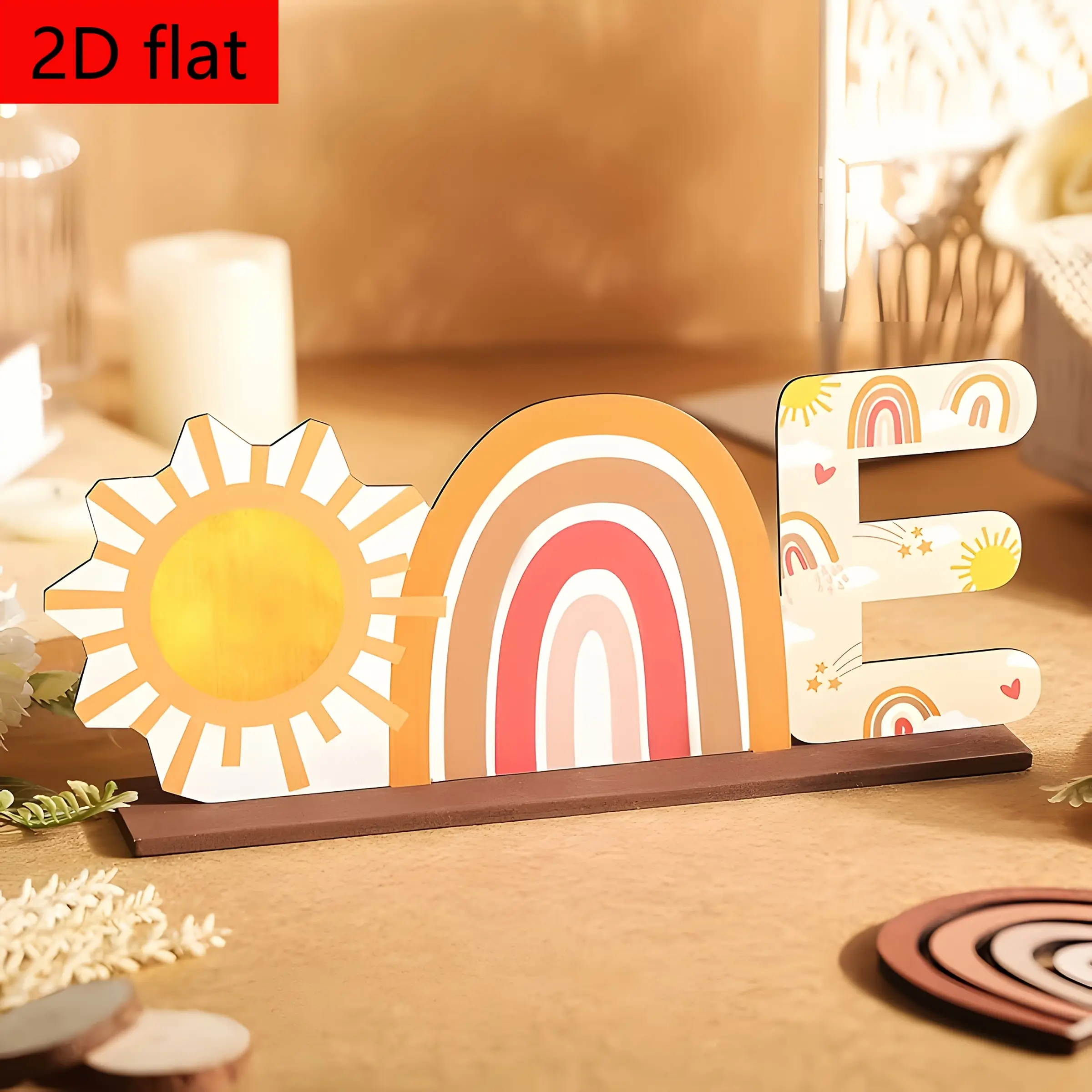 1Pc 2D Flat Boho Wooden Table Centerpiece, Vibrant Rainbow & Floral Tabletop Decor for 1st Birthday Party & Home Ornament
