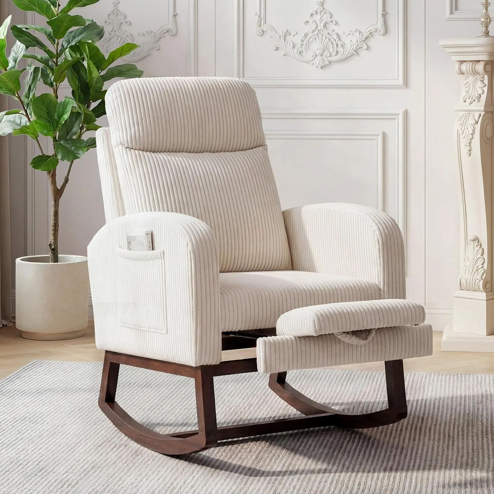 Rocking Chair with Foot Rest, Modern Teddy Glider Rocking Chair with Wood Legs and Side Pocket, Upholstered Rocker Accent Armchair for Nursery, Living Room, Bedroom, Beige