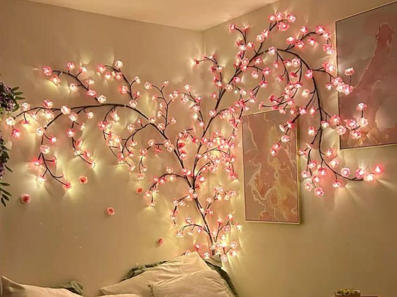 BASIC SUPPLY DIY Cherry Enchanted Willow Vine Lights,4 FT 48 LED Cherry Blossom Lights with Remote Timer,8 Lighting Modes,LED Tree Branch Light for Wall,Cherry Blossom Wall Decor for Bedroom Living Room Window