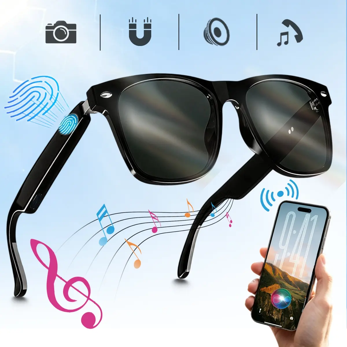 Smart Bluetooth Glasses with Open-Ear Audio, UV Protection Lenses, Remote Photo Capture & Hands-Free Calling for Driving, Commuting and Outdoor Activities