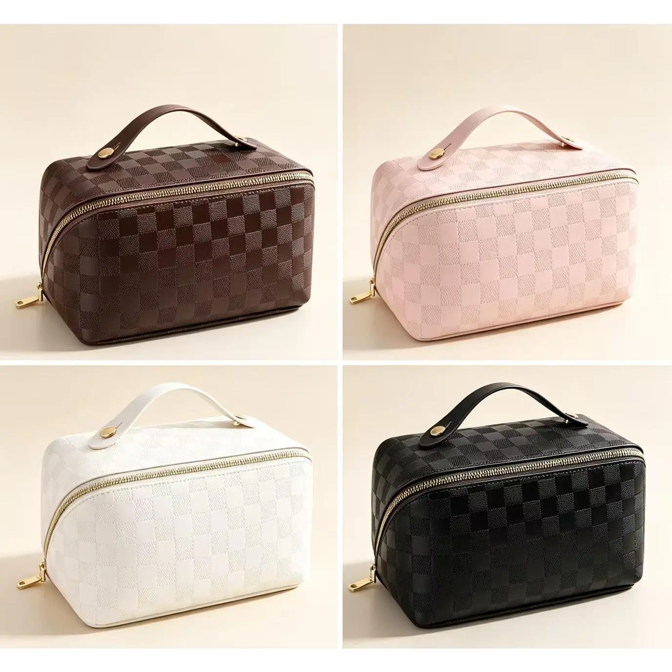 Checkered Large-Capacity Makeup Bag for Women - Portable Travel Open-Flat Toiletry Organizer with Divider Pouch, Zipper Closure, and Cup Holder (Black-Checkered)