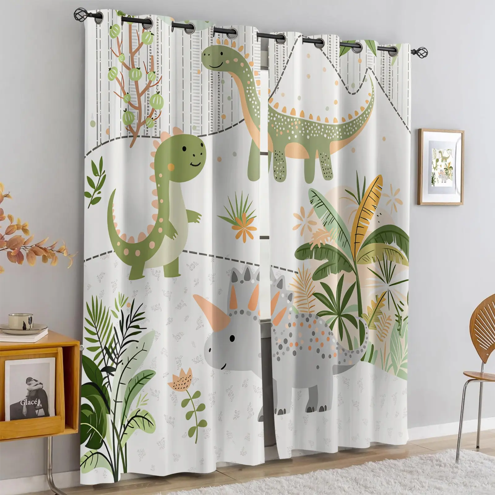 2 Panels Cute Cartoon Dinosaur Blackout Curtains, Home Decoration Curtain, Boho Jungle Plant Triceratops Print Grommet Top Window Drapes, Thermal Insulated Machine Washable Light Blocking Curtains for Kids Boys Bedroom Home Decor