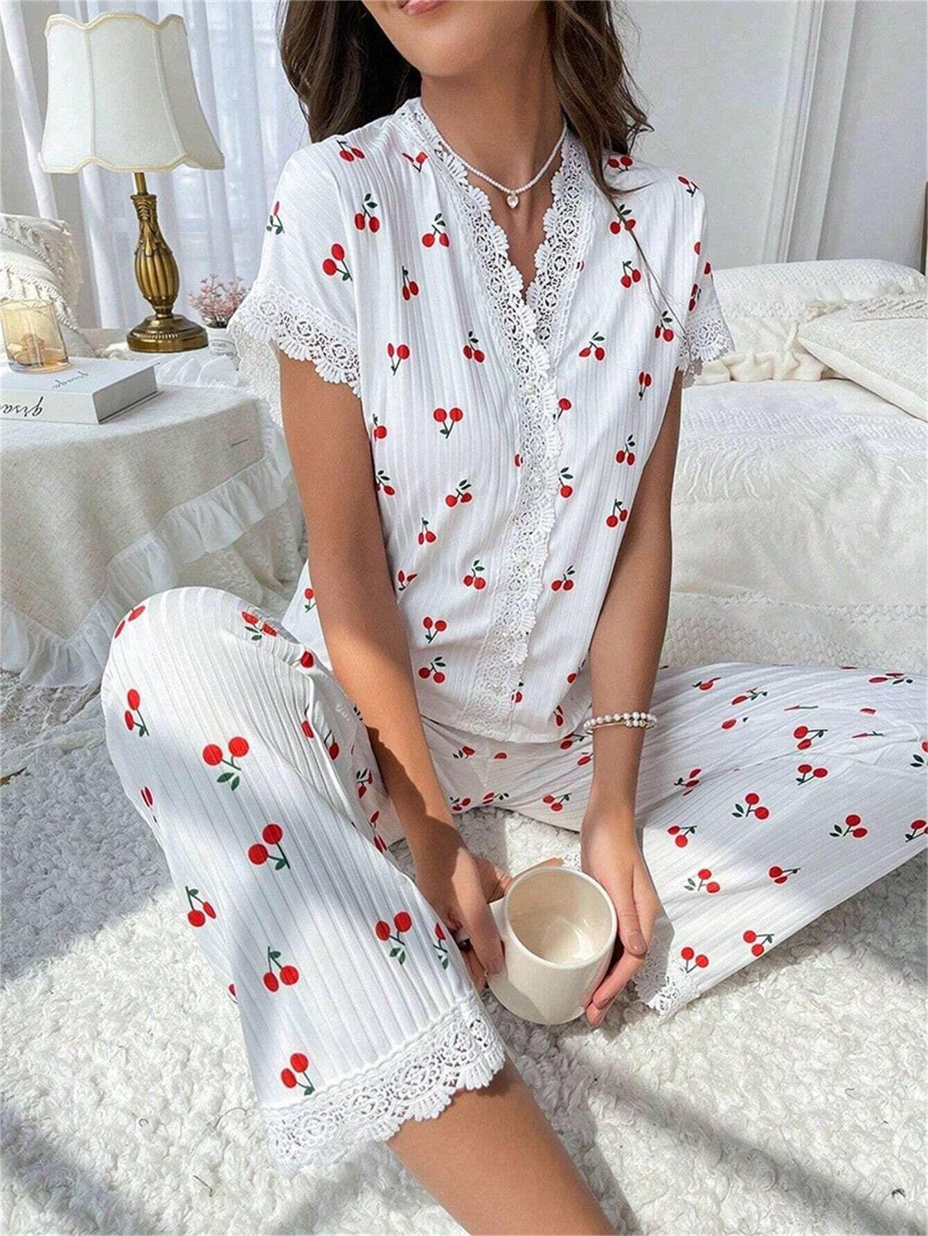 Cherry Print Short-Sleeve Collared Pajama Set for Women Oversized Style with Matching Pants
