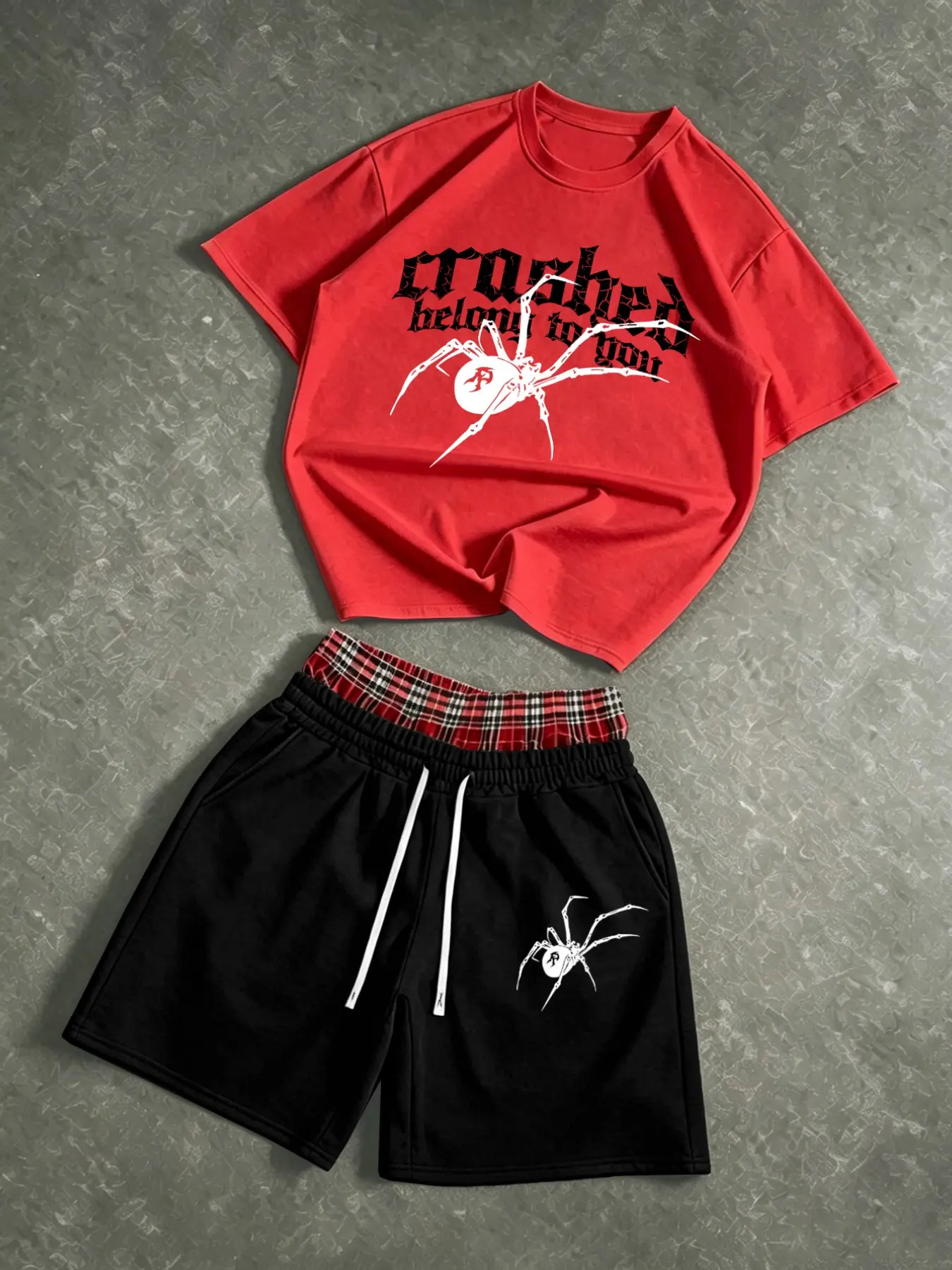 Men's Spider Print Short-Sleeve T-Shirt and Plaid Drawstring Shorts Set, Gothic Street Style Two-Piece Set, Casual Summer Suit