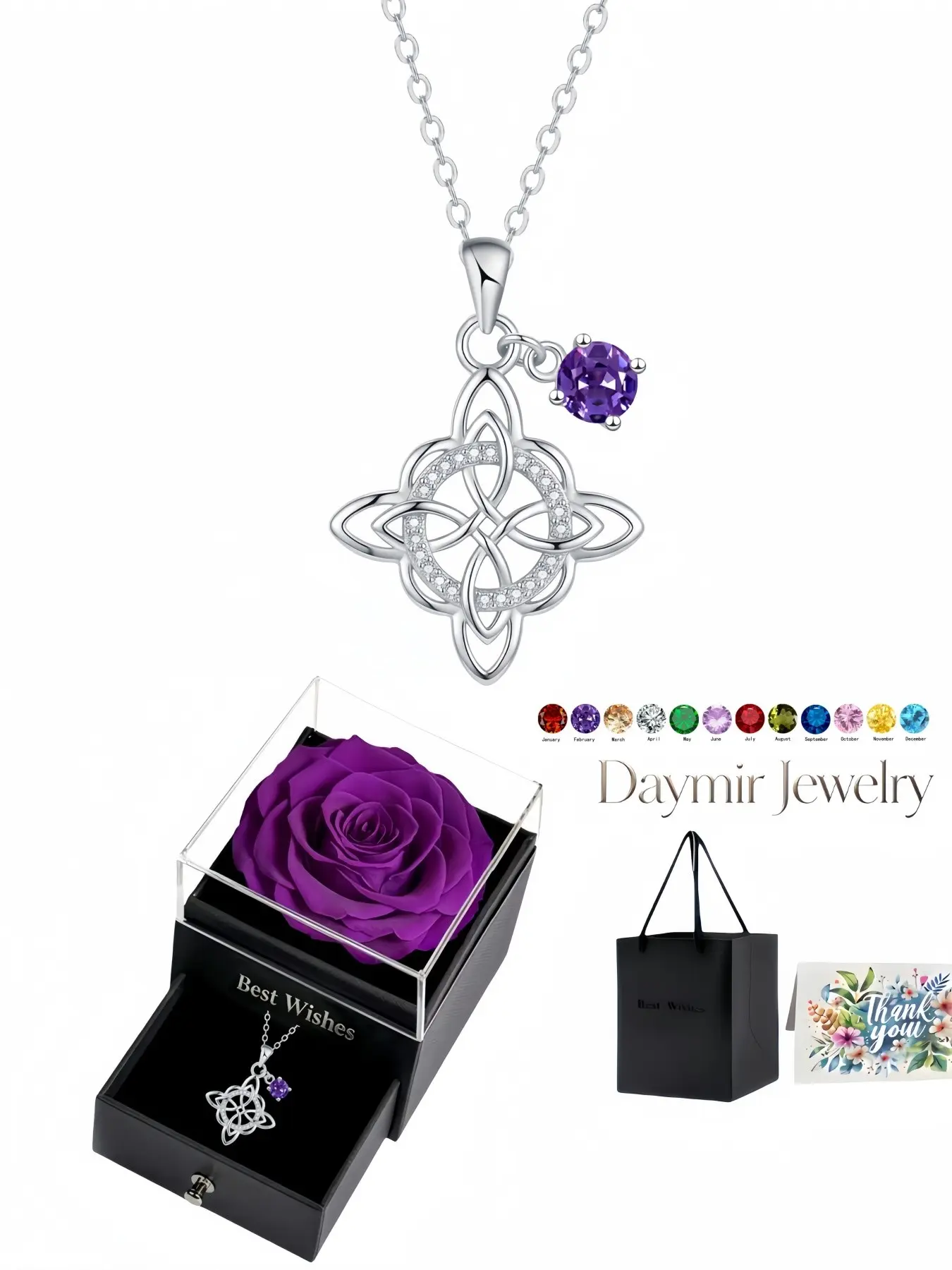 Luxury unique twelve‑birthstone witch‑knot gem necklace, paired with purple preserved‑rose jewelry gift box. Ideal gift for birthdays, Mother’s Day, Valentine’s Day and Christmas celebrations.