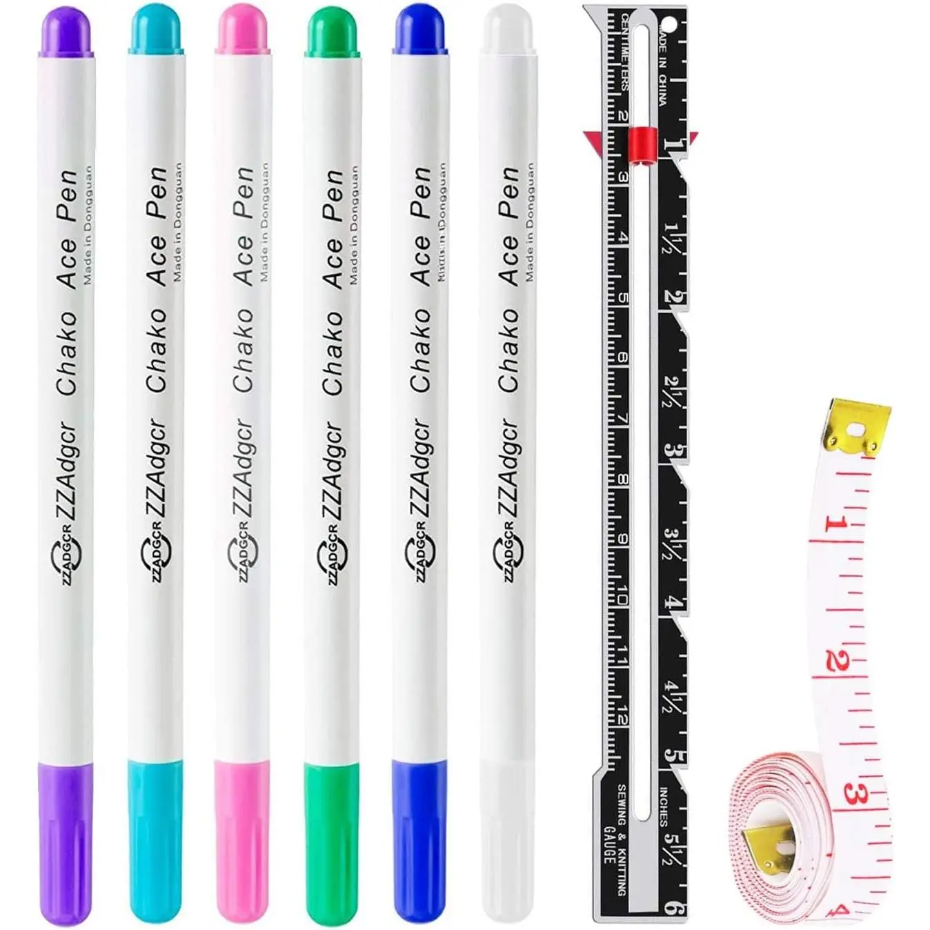 Fabric Markers Pens, 6 Color Water Soluble Erasable Marking Pens, 1 count Gauge Sewing Measuring Tool, 1 Soft Tape Measure, for Tailor's Disappearing Ink Pen, Sewing Fabric Markers and Tracing Tools