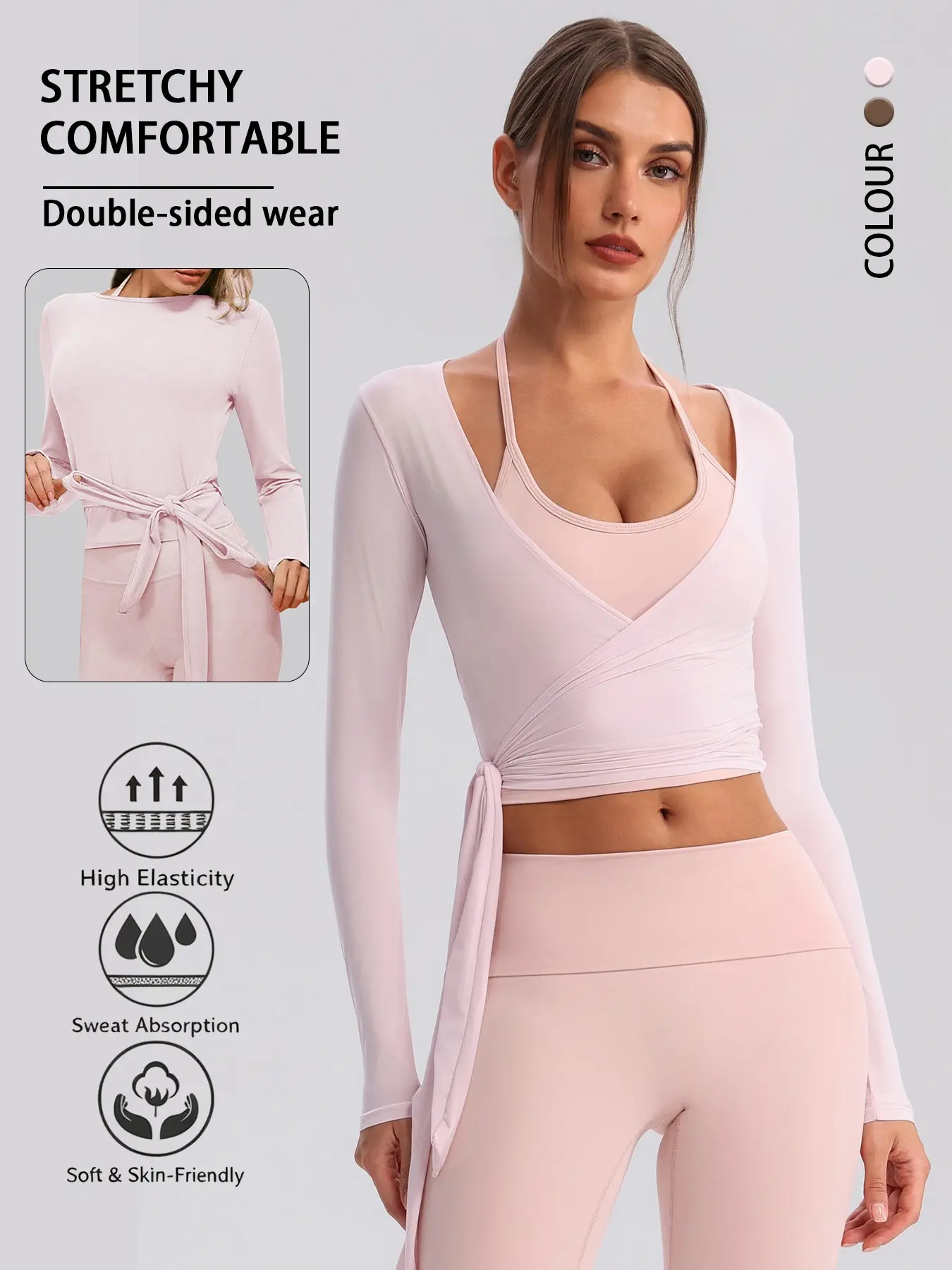 Light Dual-Sided Side-Tie Long Sleeve Sportswear, High Elasticity Sweat-Resistant Running Shirt, Casual Athletic Top