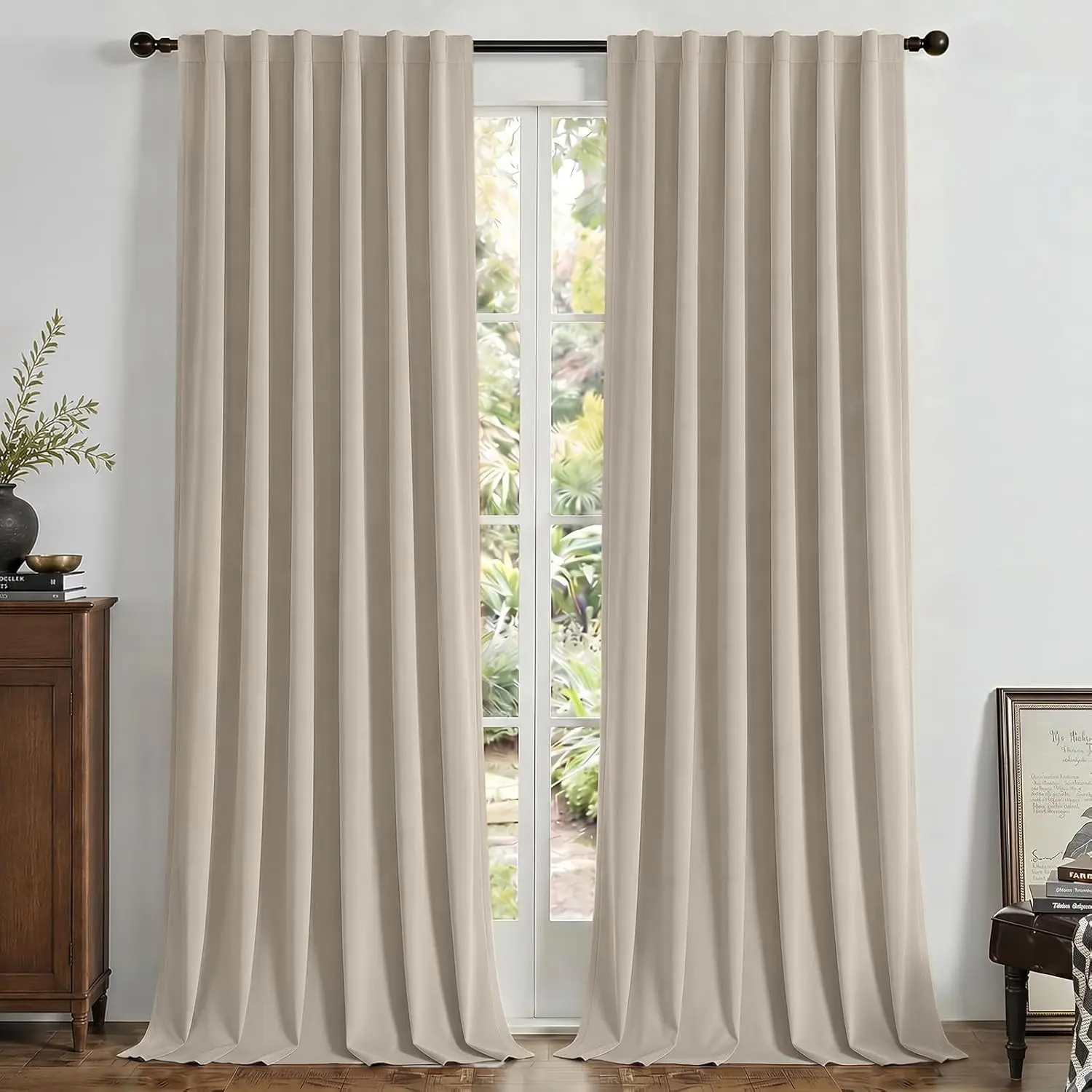 Light Beige 100% Blackout Velvet Curtains, 2 Panels (52W x 84L in), Thermal Soundproof Home Decor Drapes with Rod Pocket & Back Tab for Bedroom, Living Room, Two Panels