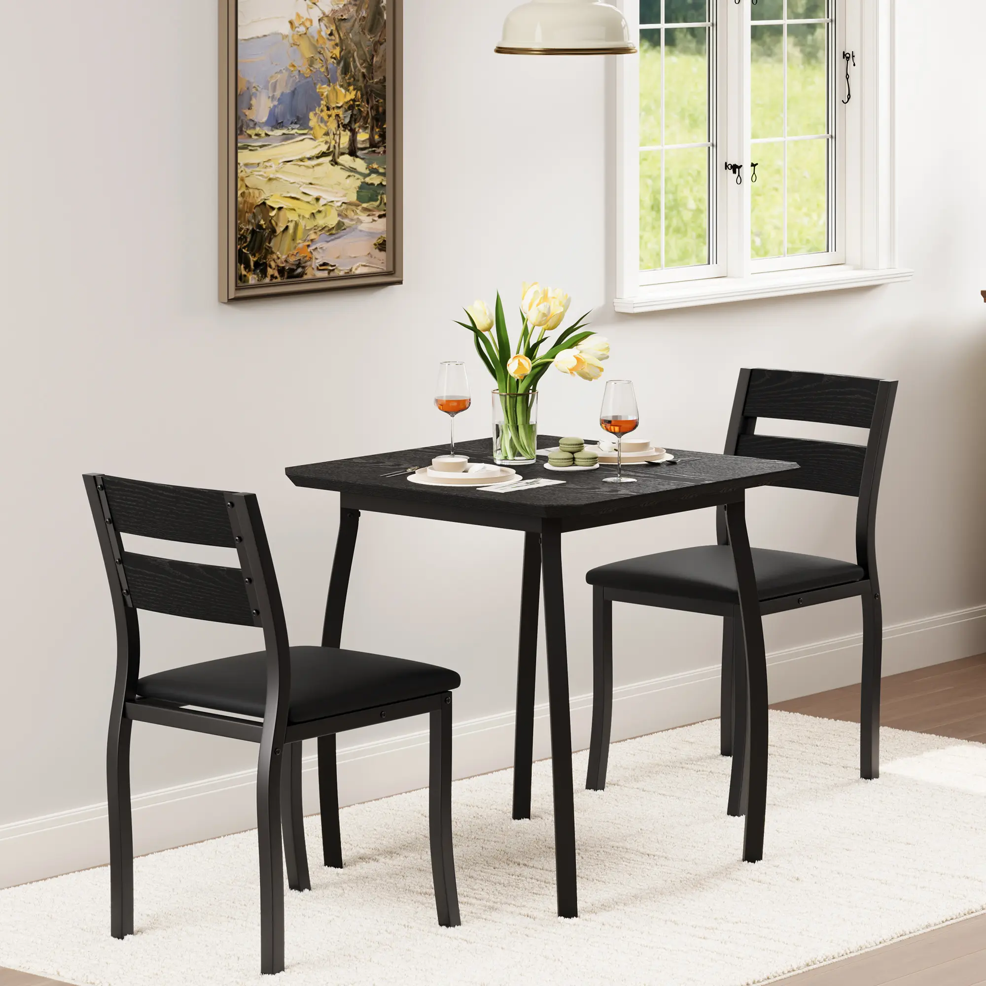 3-Piece Dining Table Set for 2, Modern Farmhouse Kitchen Table Set with Upholstered Chairs, Space-Saving Metal Frame & Wood Grain Top for Small Spaces, Apartment & Breakfast Nook