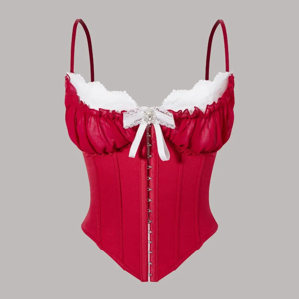 Women Vintage Lace Trim Corset Top, Spaghetti Strap Sweetheart Bustier Waist Cincher Going Out Top