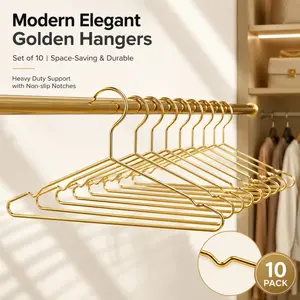 10Pcs Premium Gold Metal Clothes Hangers, Space Saving Sturdy Garment Rack for Pants & Garment Closet Storage