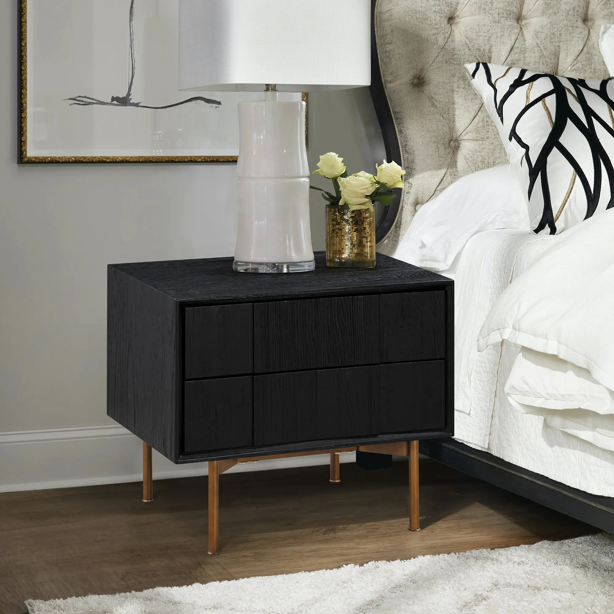ARCH Carnaby 2-Drawer Nightstand Bedside Table for Bedroom, Black Brushed Oak Finish with Bronze Accents, Compact Storage Cabinet with Two Drawers, Sturdy Wood Nightstand for Living Room, Bedside Organizer, Single Unit, Bedroom Bedside Table