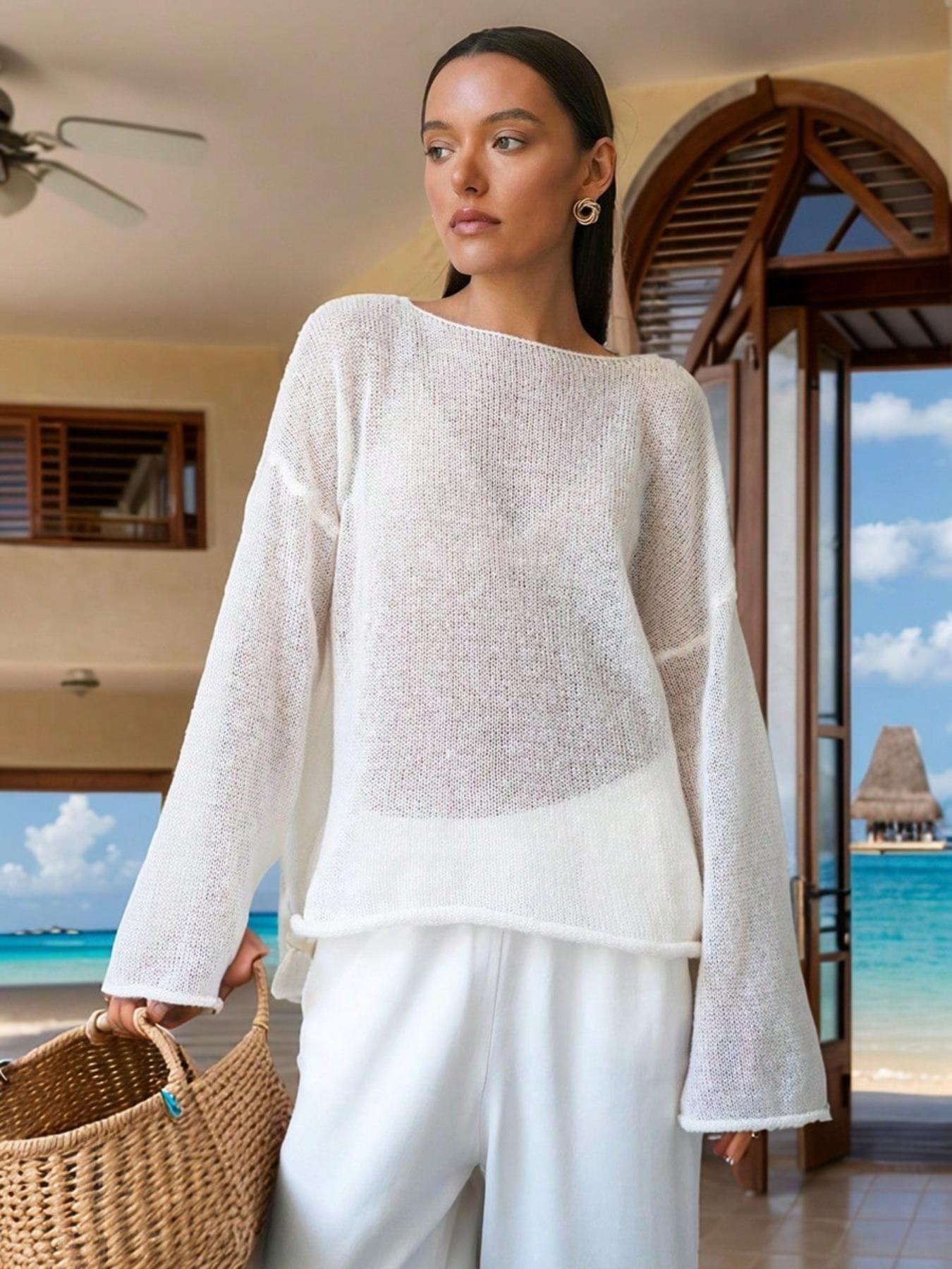 Women's Solid   Cover Up Top, Casual Long Sleeve Cover Up for Beach Vacation, Ladies Knitwear for All Seasons