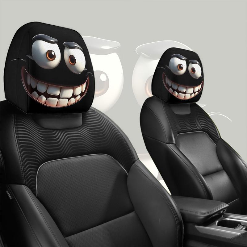 2pcs Set of Funny Big-Eyed Grinning Cartoon Print Car Seat Headrest Covers, Universal Fit for Long Road Trips & Daily Commutes – Perfect for Halloween/Christmas Holiday Decor, Car Interior Decoration