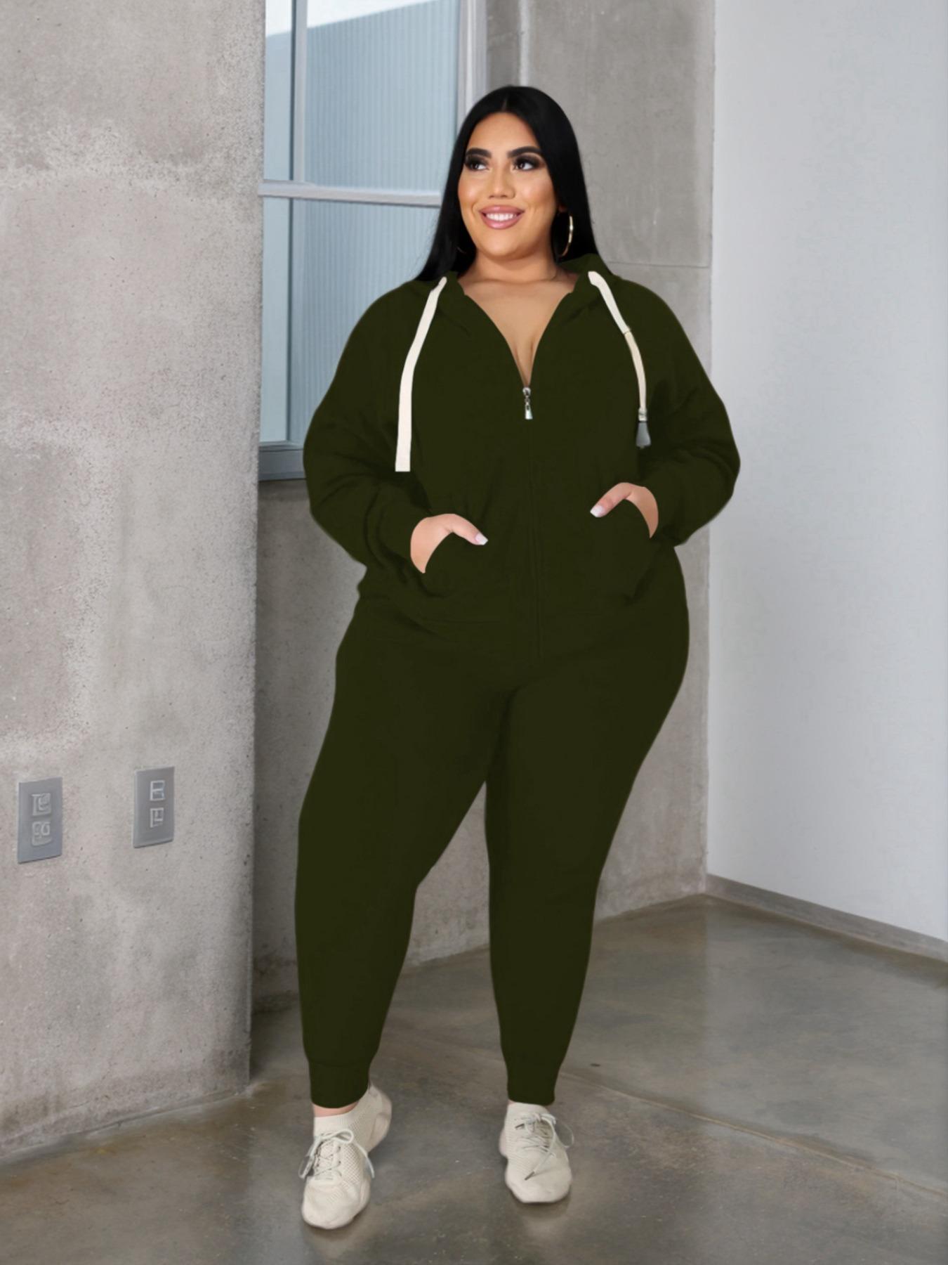 【Plus Size】 Two-Piece Set Solid Zip Up Hooded Sweatshirt & Drawstring Waist Pants, Casual Long Sleeve Hooded Sweatshirt & Pocket Trousers for Daily Wear, Women's Two-piece Outfits for Fall & Winter, Clothing Sets