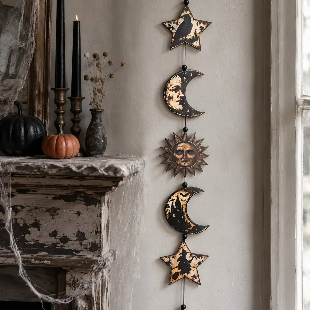 Vintage Halloween Celestial Wall Hanging, Moon Star Crow Witch Wooden Decor, Gothic Mystical Home Halloween Decoration, Dark Academy Style