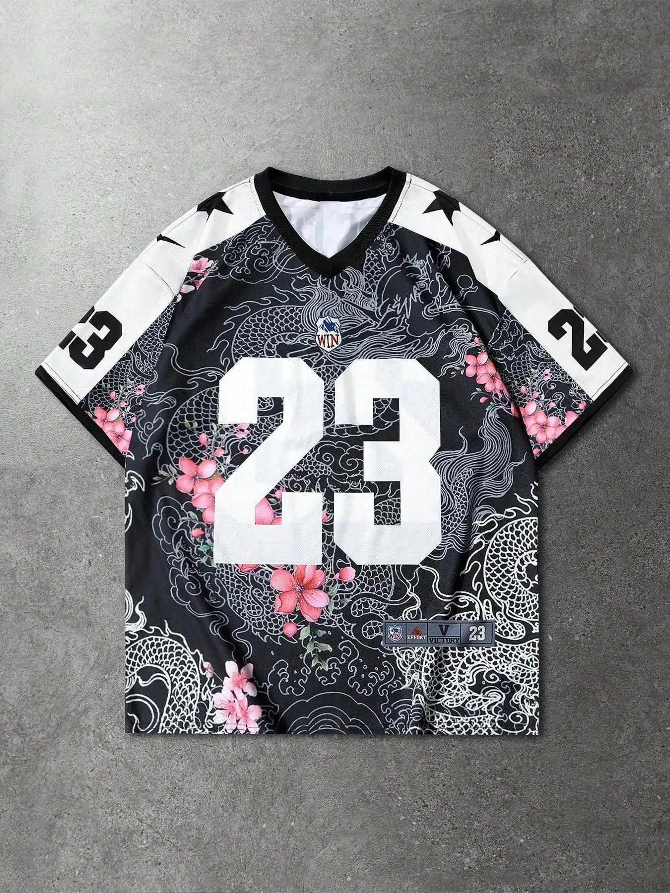 2026 Trending Japanese Dragon & Sakura Print Basketball Jersey - Aesthetic Oversized V-Neck Streetwear Graphic Tee with Number 23 & Stars - Retro Oriental Style Dark Grunge Top for Men Women - Urban Samurai Fashion Apparel