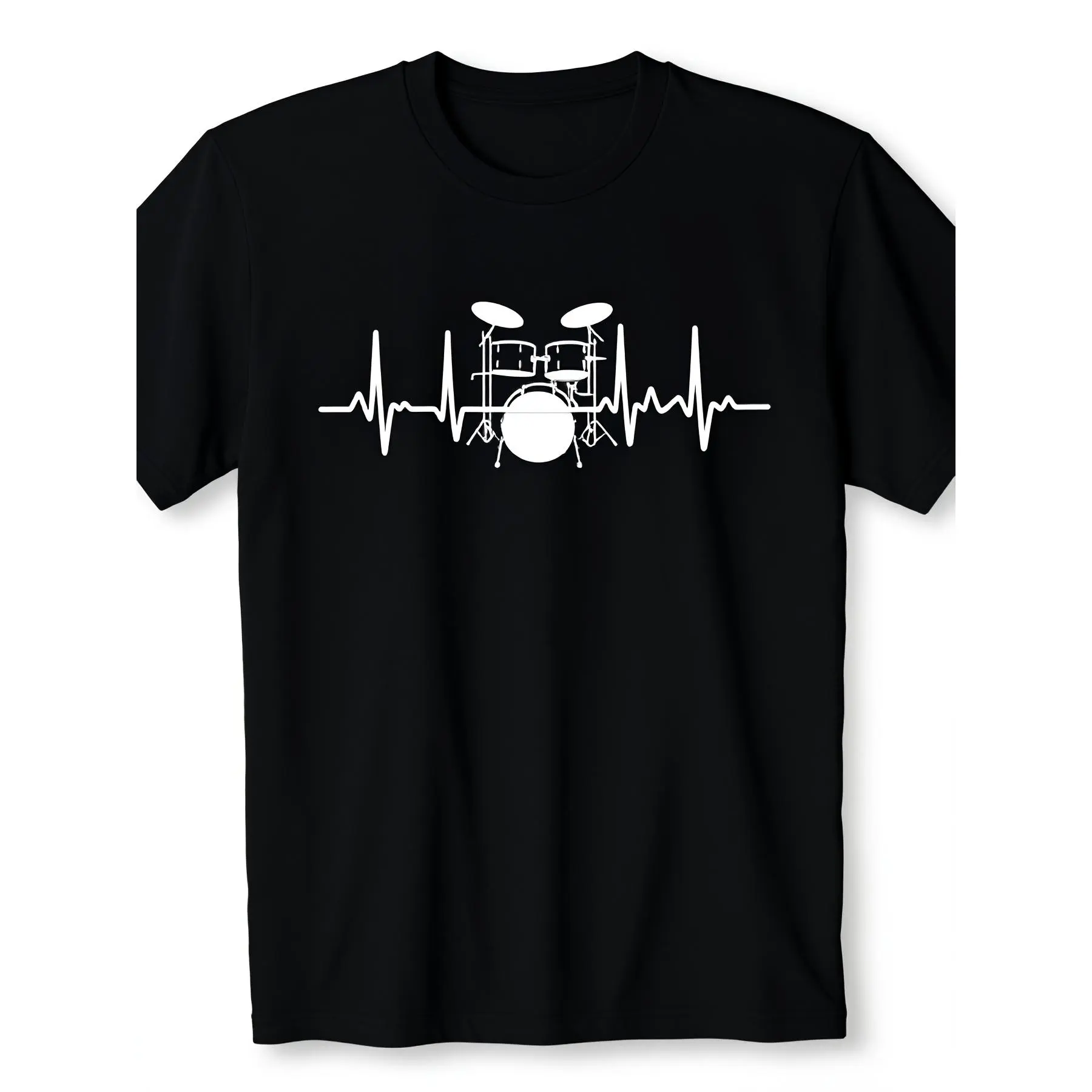 Men'S Black T-Shirt Drum Heartbeat Lifeline Design Perfect Gift for Music Lovers And Drummers 12 Retro Casual Short-Sleeved T-Shirt with Round Neck And Printed Pattern, Suitable for Daily Commuting And Outdoor Activities, Machine Washable