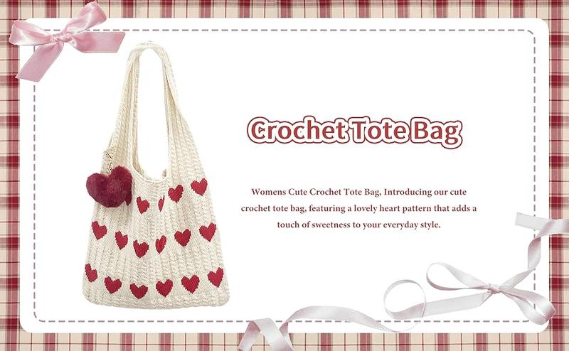 Heart Crochet Tote Bag Cute Valentines Day Gift for Women Adorable Purse with Keychain Cutecore Aesthetic Y2K Style Handbag Perfect Present