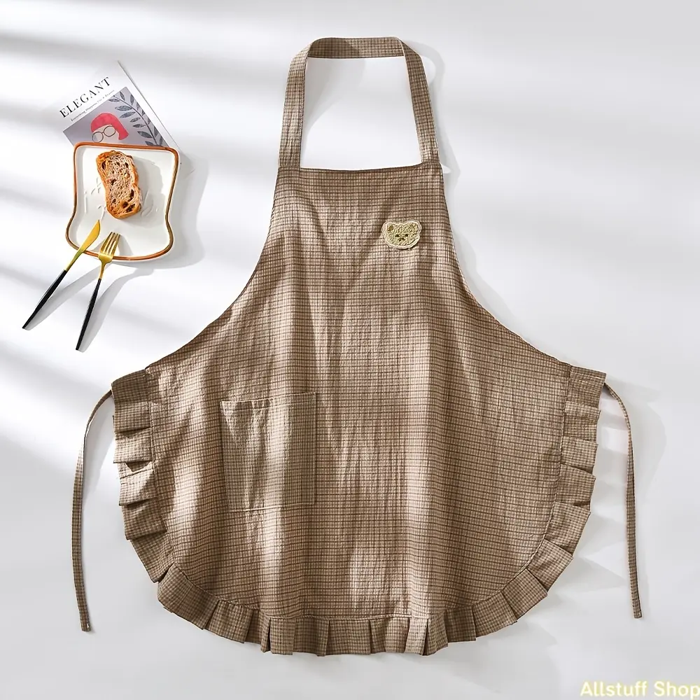 [Ruffled Checkered Apron] 1pc New Style Ruffled Checkered Bear Pocket Sleeveless Halter Apron Fashionable with Pockets for Cafe Bakery Restaurant Service Staff Workwear Kitchen Chores Baking Cooking Gardening Painting Fishing Waist Apron Men Women tiktoks