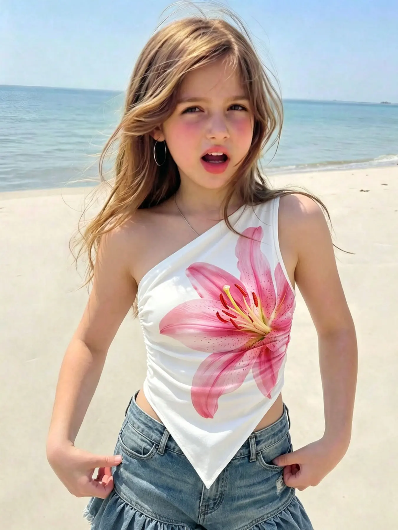 Girls' Floral Print Asymmetrical Strap Top, Invisible Shoulder Straps, Sweet Beach Vacation Style, Sleeveless Fitted Short T-Shirt