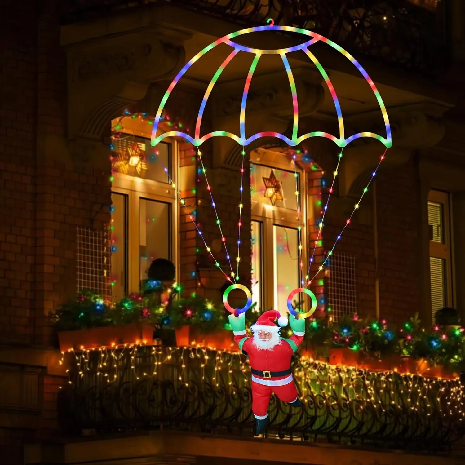 Outdoor Christmas Decoration Lights, 2.3 Ft Waterproof USB Powered, 8 Modes Multicolor Santa Parachute String Lights, Indoor Outdoor Festive Decor