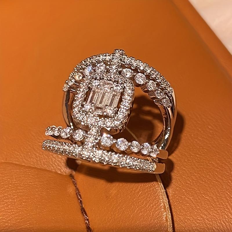 Double-Sided Wide Sparkling Zirconia Ring for Women, Vintage Inlaid Square Zirconia Hollow Design, Elegant Statement Ring for Party Banquet and Daily Casual Wear, High Quality Fashion Jewelry