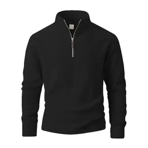 Men's Fitted Plain Long Sleeve Fleece Warm Stand Collar Pullover Sweatshirt Tops - Old Money Half-Zip Button Design, Menswear for Fall Winter Daily Wear, Casual Versatile Must-Have