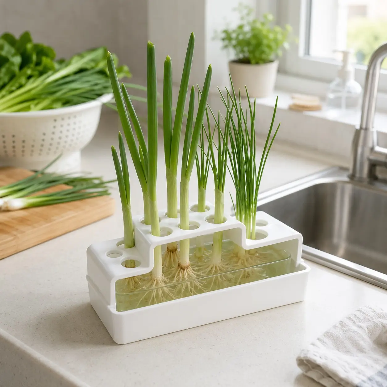 Reusable Plastic Plant Growing Kit with Water Retaining Tray, Compact Windowsill Sprout Herb Planter, Indoor Balcony Urban Vegetable Garden for Scallions, Planting Containers
