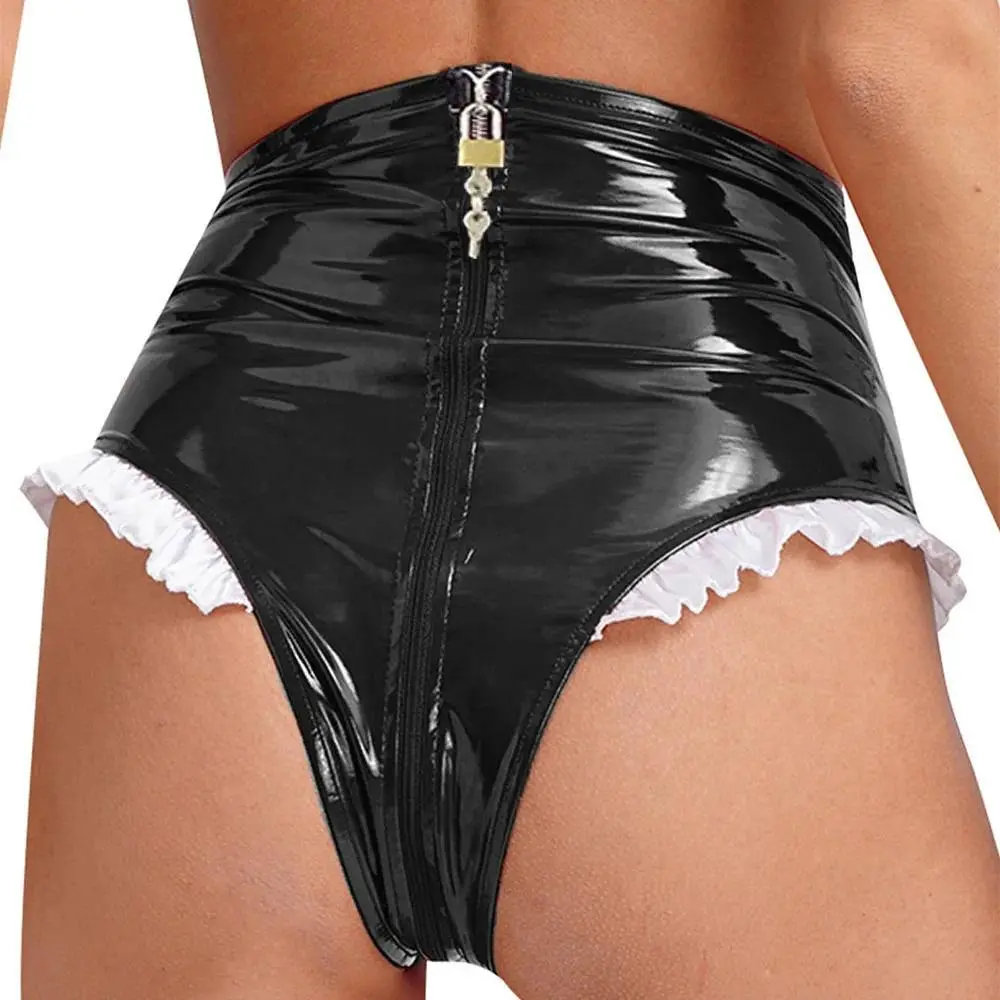 Women's Lockable Glossy Wet-Look Zipper Briefs - Crossdressing Underwear with Shiny Patent Leather Latex Fabric