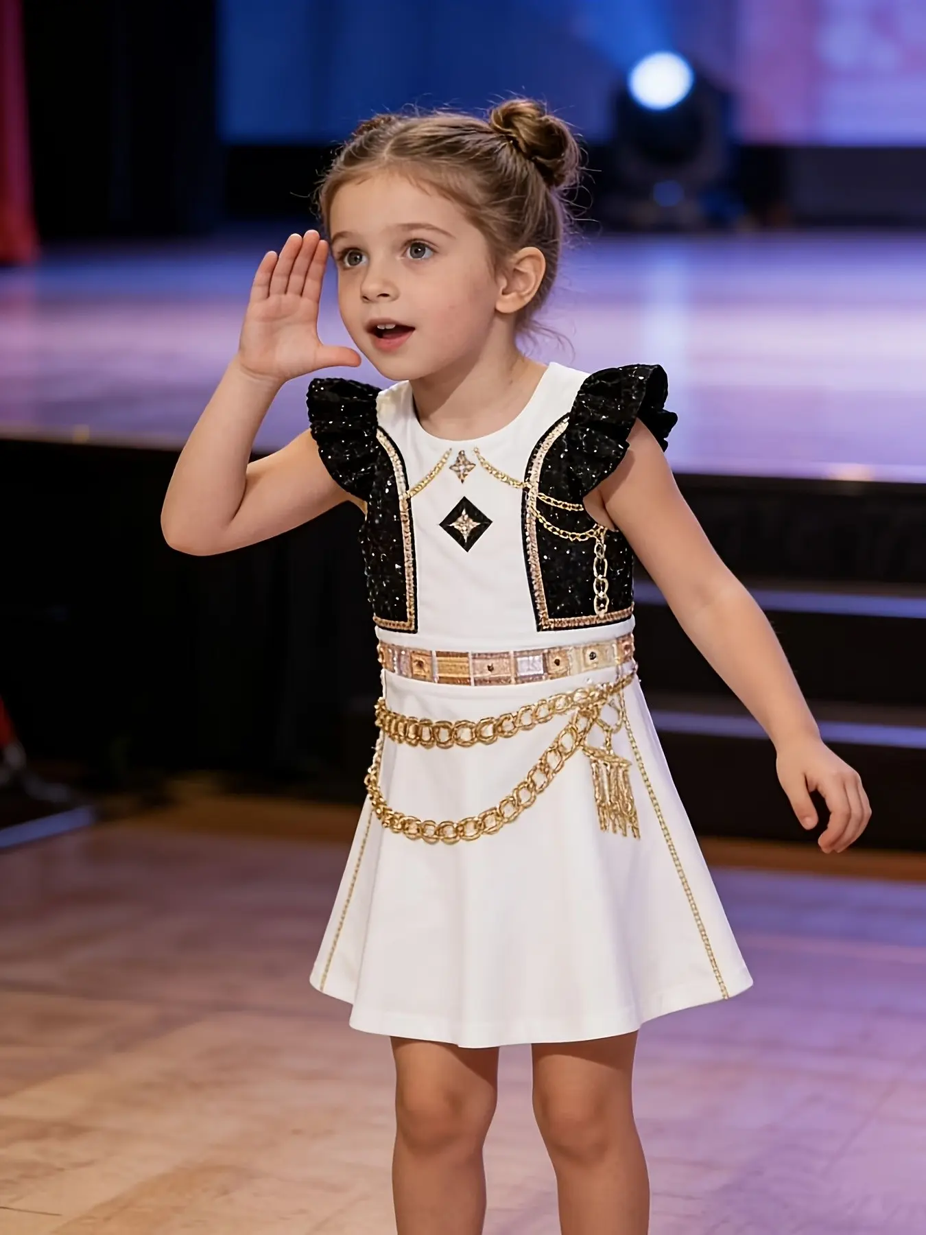 Trendy Kids' Dress with 3D Print, Korean Girl Group Performance, Stage Costume, Party Costume, Costume for Parties, Halloween Christmas Dress, Gold Chain Design, Soft Fabric
